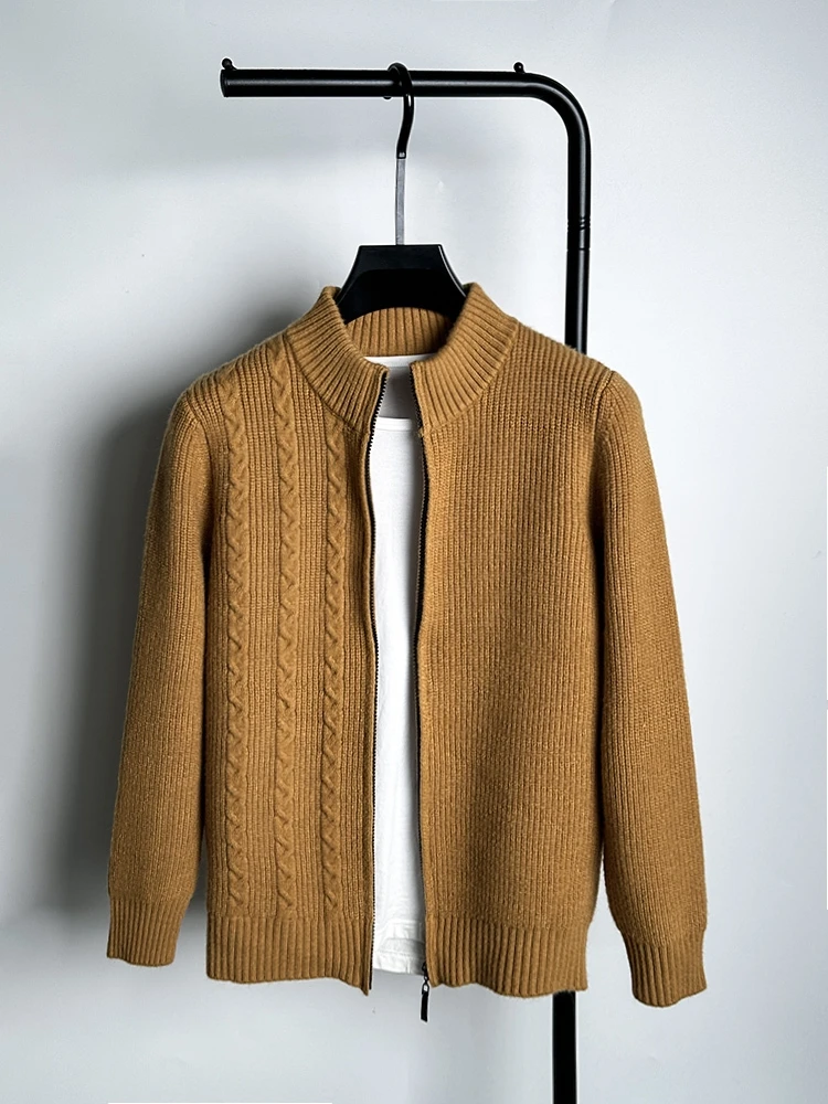 Мужской кардиган-свитер от элитного бренда осень 2023, новый дизайн на молнии со стоячим вырезом, деловой повседневный вязаный свитер, куртка