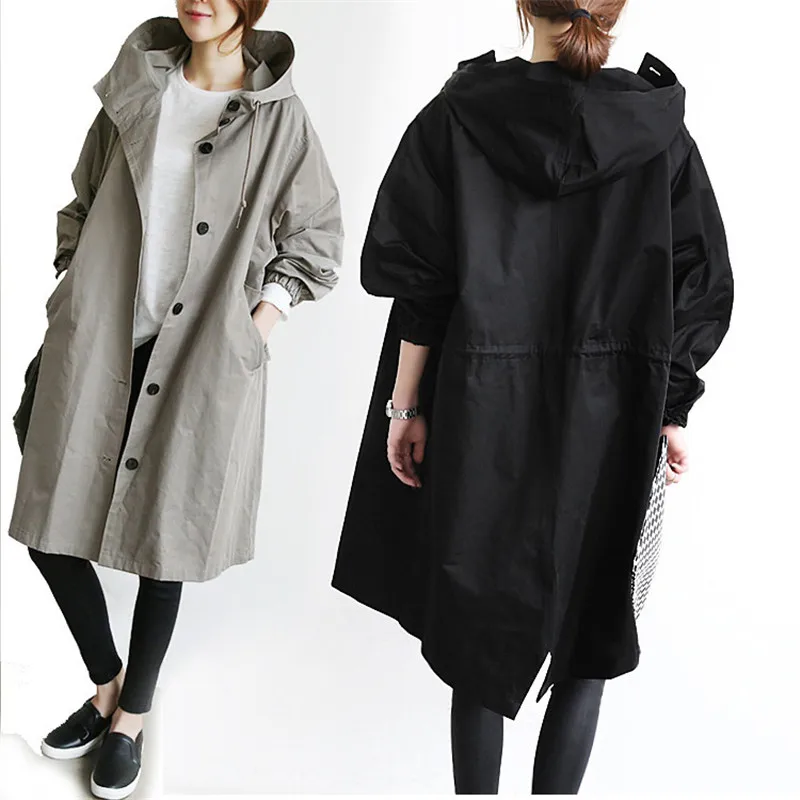 2023 Демисезонный Тренч, женское повседневное женское пальто средней длины с капюшоном и длинным рукавом, свободные ветровки Оверсайз, AH321
