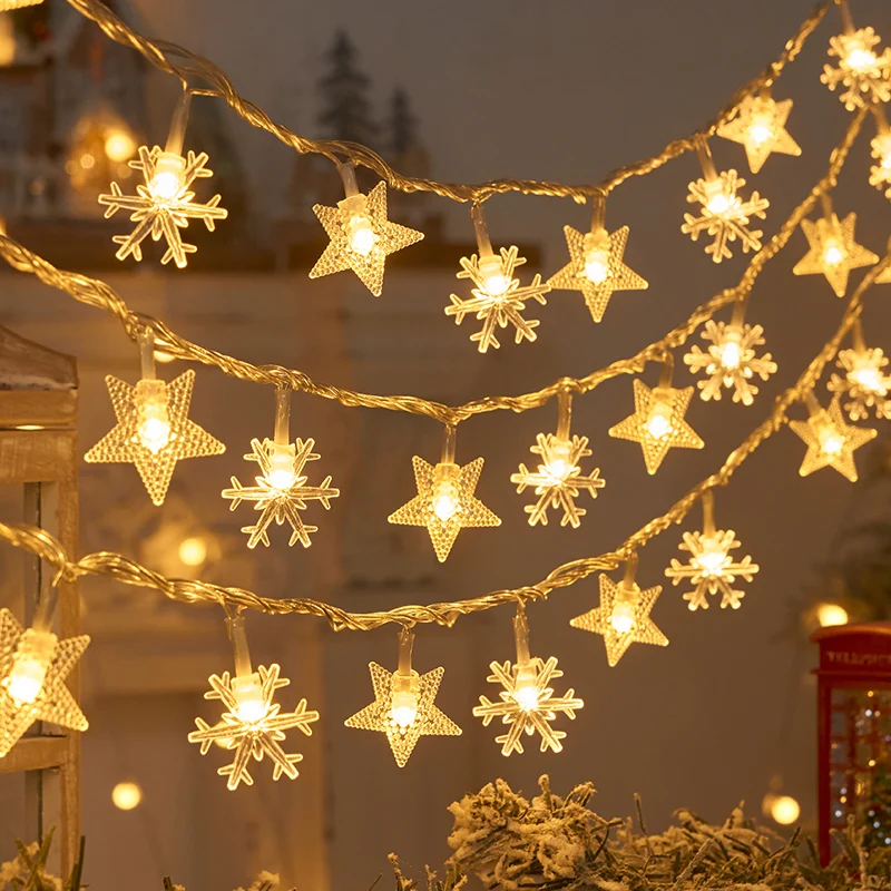 Светодиодные гирлянды в виде снежинок и звезд, Рождественская Сказочная Гирлянда, освещение свадебной вечеринки на батарейках, Струны, лампы для домашней Рождественской елки