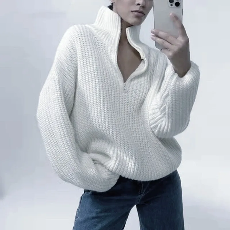 Новый однотонный свитер 2023 года, женский вязаный топ на молнии, свободный пуловер с высокой горловиной, джемпер