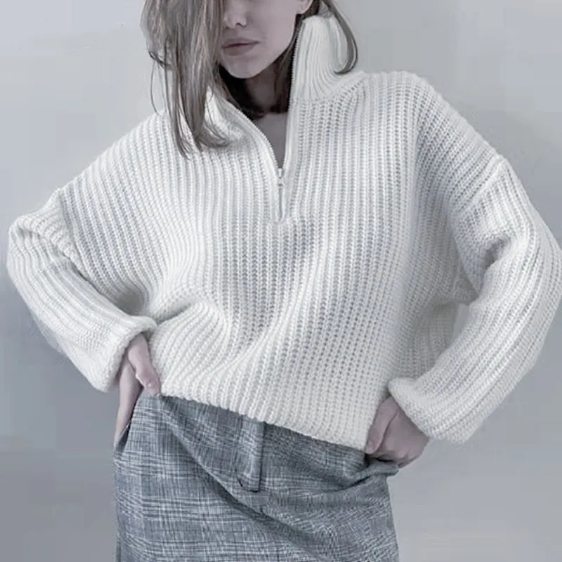 Новый однотонный свитер 2023 года, женский вязаный топ на молнии, свободный пуловер с высокой горловиной, джемпер
