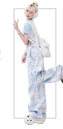 Камуфляжные брюки-карго в корейском стиле, женские летние брюки-карго с отворотом на талии, завязывающиеся краской, Свободные Прямые Повседневные брюки, Уличная одежда для женщин