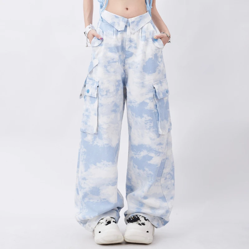 Камуфляжные брюки-карго в корейском стиле, женские летние брюки-карго с отворотом на талии, завязывающиеся краской, Свободные Прямые Повседневные брюки, Уличная одежда для женщин