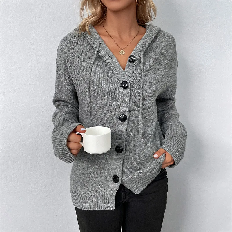 Однобортный свитер с капюшоном, женский однобортный свитер 2023, осень-зима, новый вязаный кардиган с завязками, женское пальто