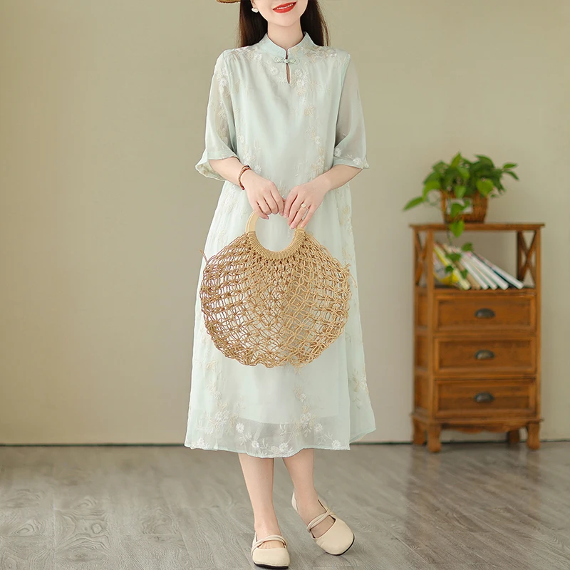 Прибытие 2023 года Тонкий хлопковый льняной принт в китайском стиле Модное женское платье с коротким рукавом и цветочной вышивкой Винтажное летнее платье X7913