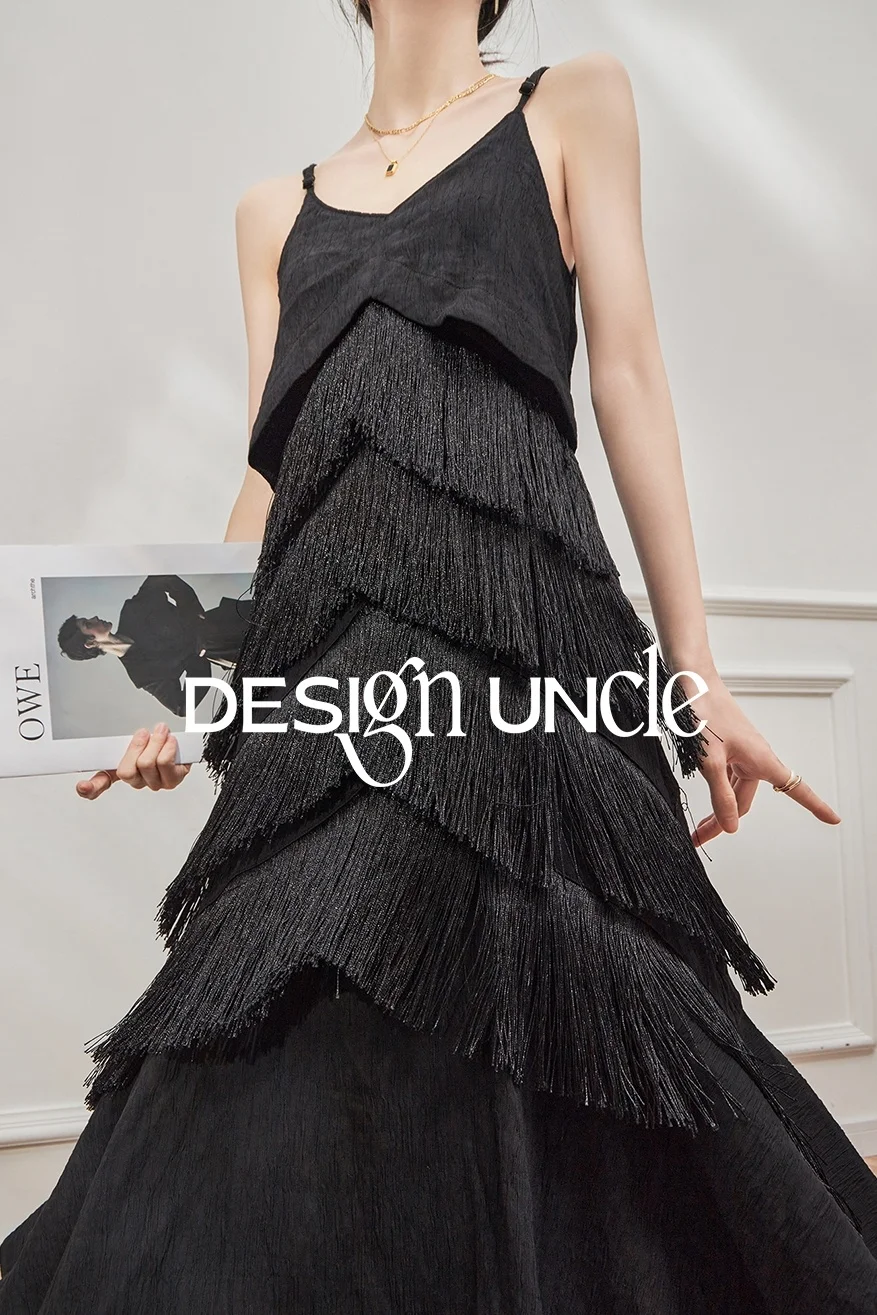 Платье-комбинация, Французское платье для чаепития, ниспадающая кисточка, дизайн небольшой толпы, черное платье в курортном стиле с рыбьим хвостом, длинное