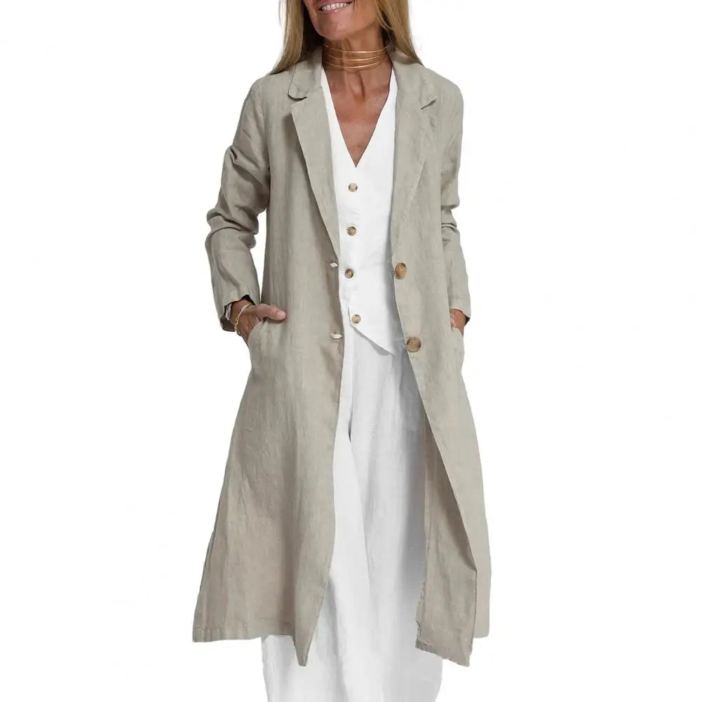 Женское длинное пальто Универсальные женские длинные куртки с воротником-лацканом и двойными пуговицами из мягкой дышащей ткани для весенне-осенних сезонов.