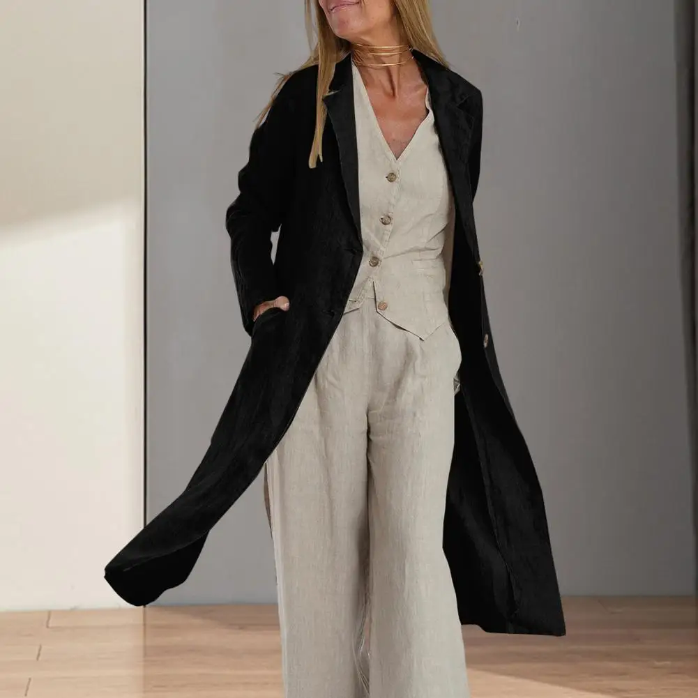 Женское длинное пальто Универсальные женские длинные куртки с воротником-лацканом и двойными пуговицами из мягкой дышащей ткани для весенне-осенних сезонов.