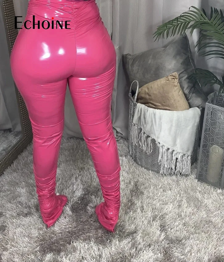 Echoine Женские брюки-карандаш из искусственной кожи с высокой талией, Эластичные плиссированные брюки с разрезом, осенние женские повседневные брюки, уличная одежда