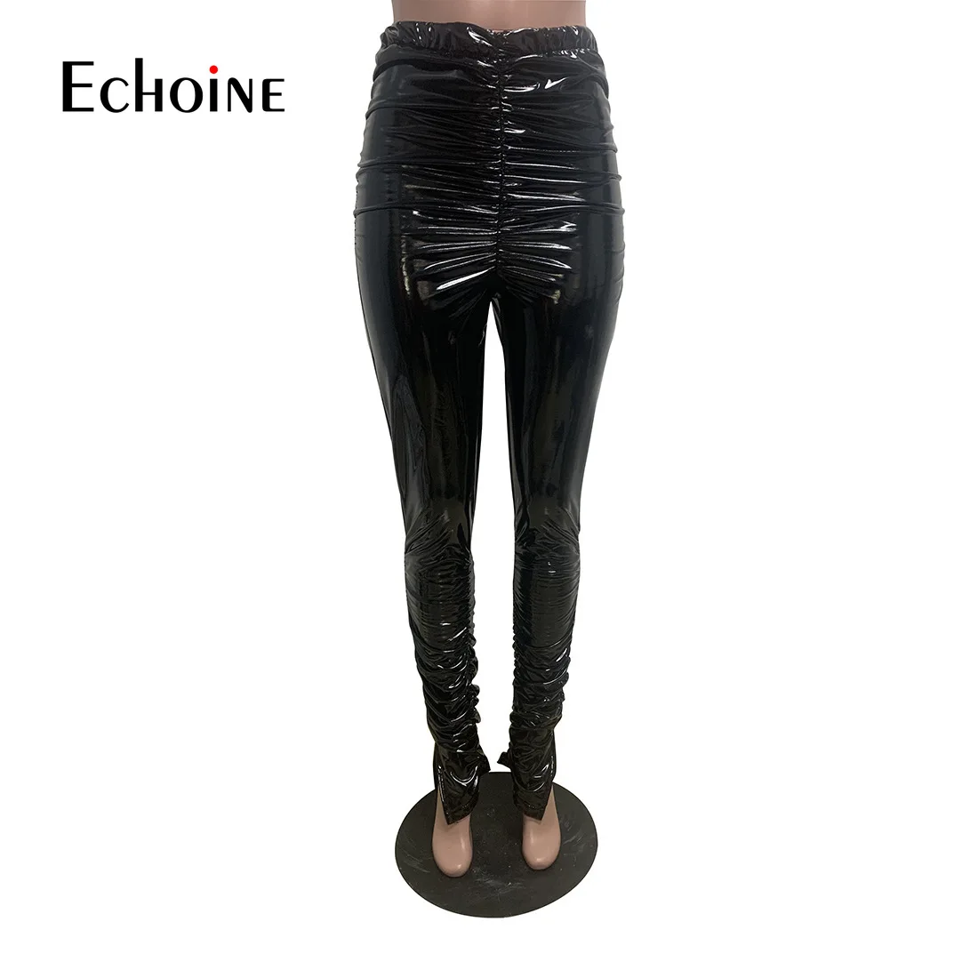 Echoine Женские брюки-карандаш из искусственной кожи с высокой талией, Эластичные плиссированные брюки с разрезом, осенние женские повседневные брюки, уличная одежда