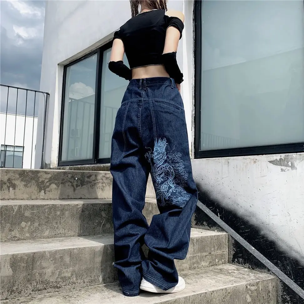 Американские ретро уличные свободные вышитые джинсы с прямыми штанинами, женские 2023 новые повседневные универсальные широкие брюки с высокой талией