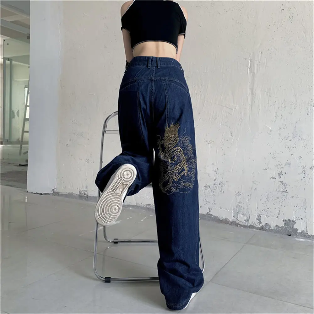 Американские ретро уличные свободные вышитые джинсы с прямыми штанинами, женские 2023 новые повседневные универсальные широкие брюки с высокой талией
