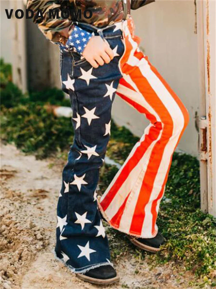 2023 Новые весенне-осенние женские джинсы городской моды, расклешенные джинсы с принтом флага в честь Дня независимости США, повседневные уличные брюки в стиле Хай-стрит