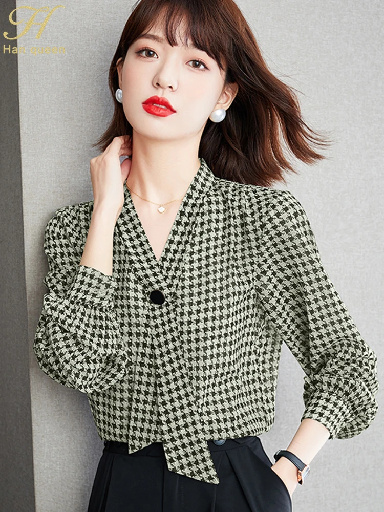 H Han Queen 2023 Новые Корейские базовые Женские винтажные топы в клетку с V-образным вырезом, повседневная шифоновая блузка с длинным рукавом, женские рабочие офисные рубашки