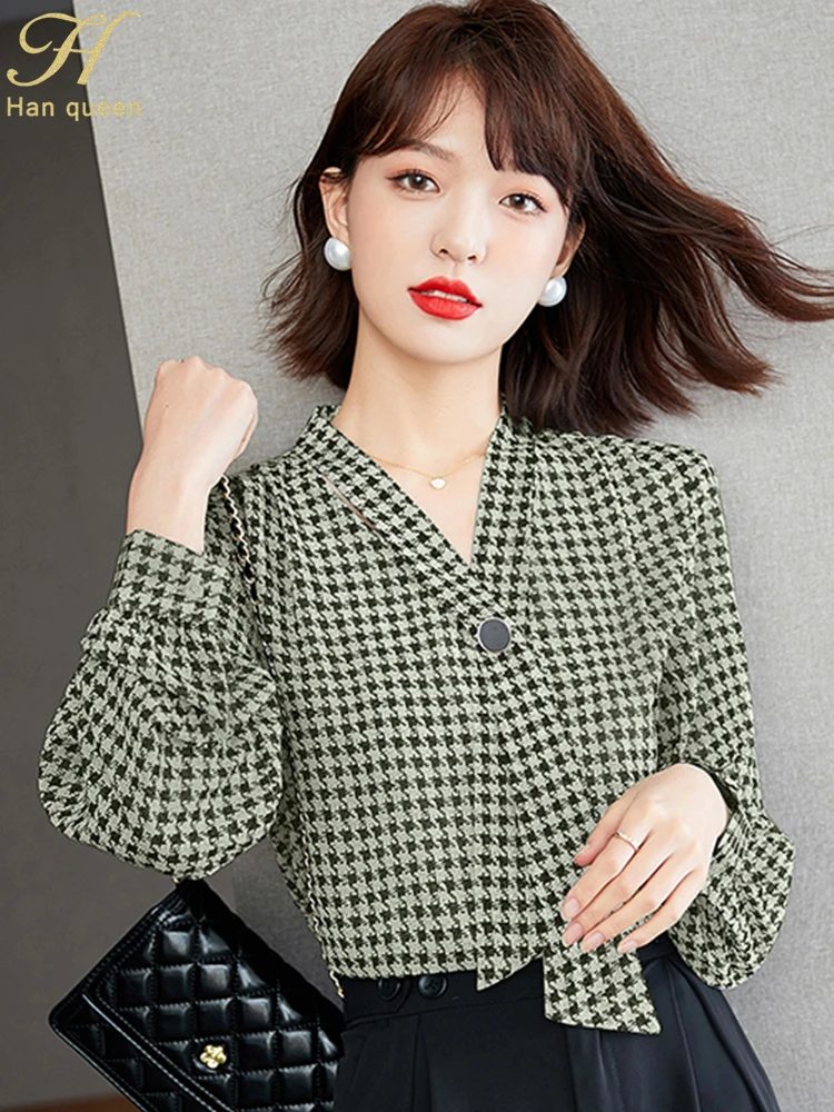 H Han Queen 2023 Новые Корейские базовые Женские винтажные топы в клетку с V-образным вырезом, повседневная шифоновая блузка с длинным рукавом, женские рабочие офисные рубашки