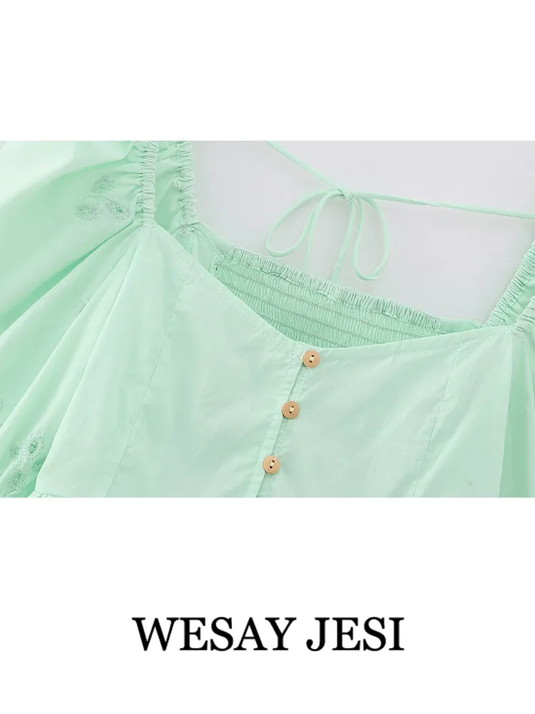 WESAY JESI TRAF Летняя Женская мода Винтажная Однобортная блузка, женские шифоновые рубашки с пузырчатым рукавом, Элегантные топы с длинными рукавами
