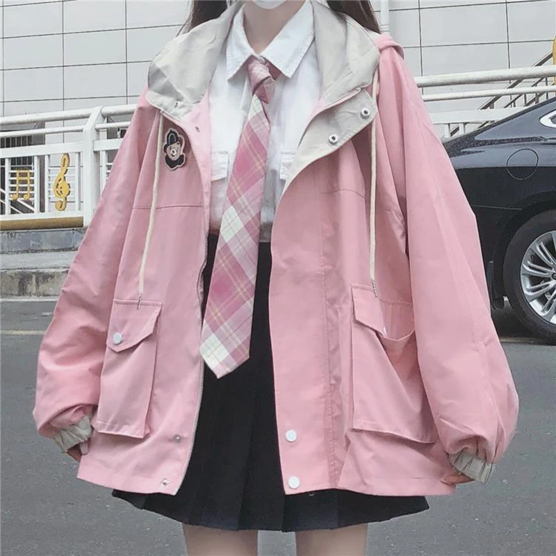 Розовая женская куртка на молнии в Японском стиле Каваи, подходящая Зимняя одежда в Корейском стиле, свободные Милые Женские топы, пальто Manteau Femme