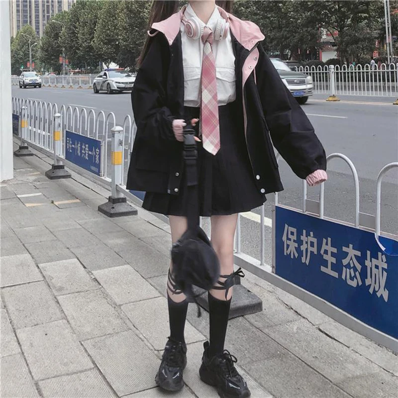Розовая женская куртка на молнии в Японском стиле Каваи, подходящая Зимняя одежда в Корейском стиле, свободные Милые Женские топы, пальто Manteau Femme