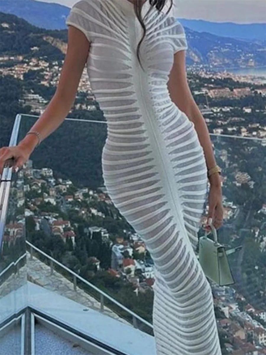 Женское трикотажное облегающее платье миди, однотонное облегающее платье с имитацией горловины и коротким рукавом из прозрачной сетки на осень