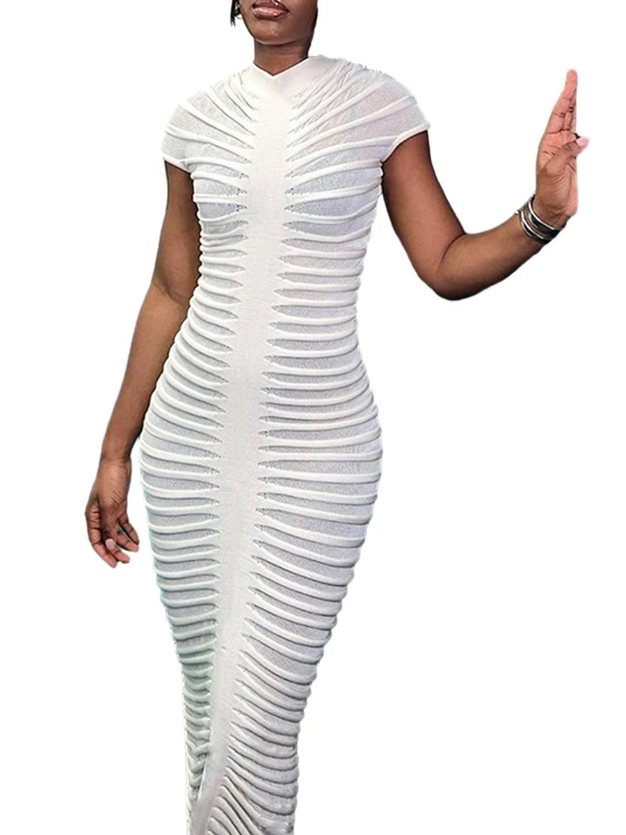 Женское трикотажное облегающее платье миди, однотонное облегающее платье с имитацией горловины и коротким рукавом из прозрачной сетки на осень