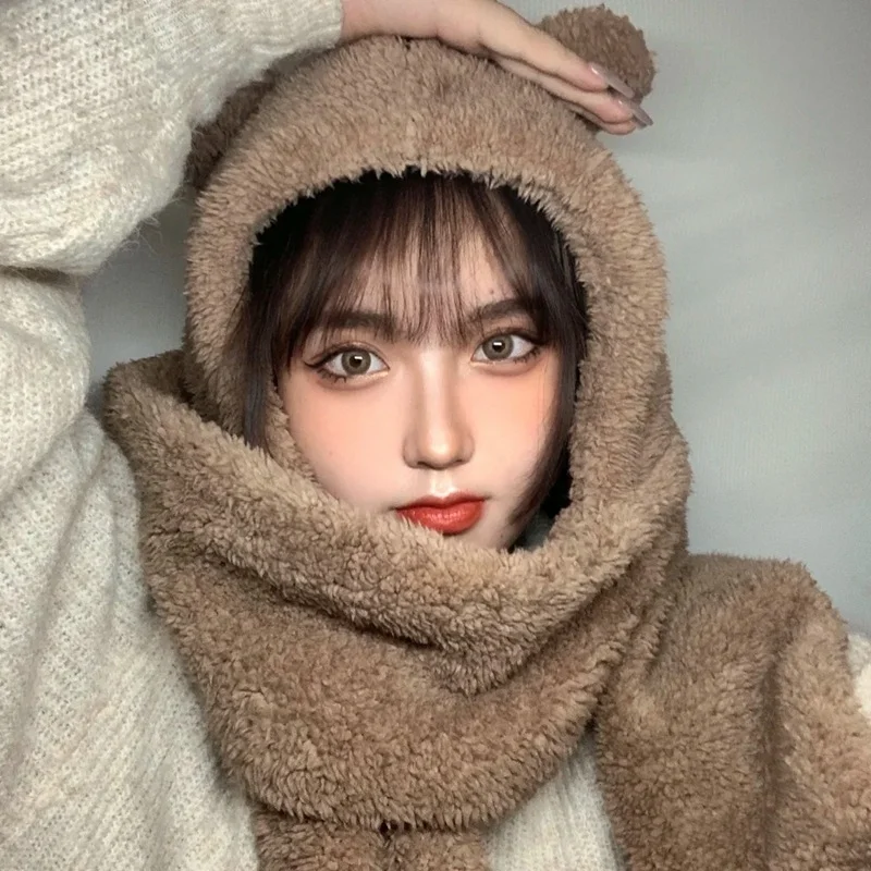 Корейский милый пуловер с Медвежьими ушками, шапка-шарф, встроенная Зимняя утолщенная теплая Велосипедная плюшевая шапочка для защиты ушей для женщин