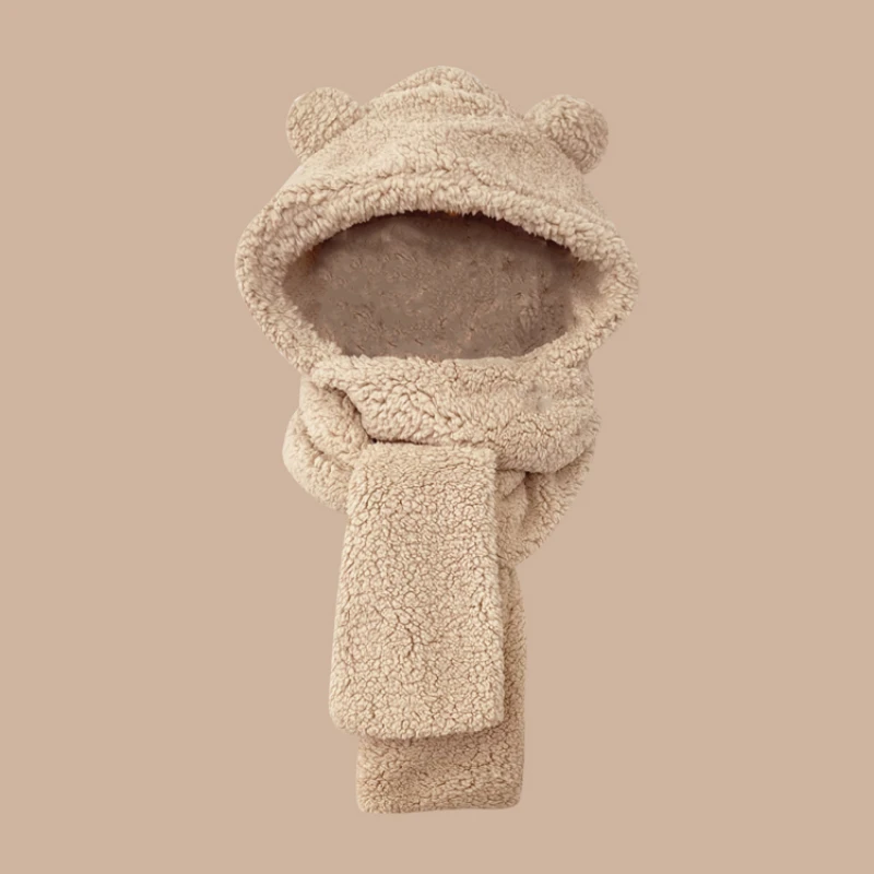 Корейский милый пуловер с Медвежьими ушками, шапка-шарф, встроенная Зимняя утолщенная теплая Велосипедная плюшевая шапочка для защиты ушей для женщин