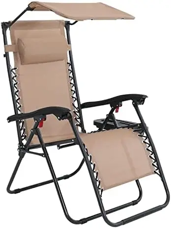 Гравитационное кресло, регулируемое складное кресло с откидной спинкой, шезлонг с навесом, съемной подушкой и подстаканником, (черный)
