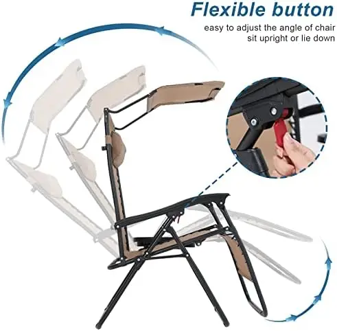 Гравитационное кресло, регулируемое складное кресло с откидной спинкой, шезлонг с навесом, съемной подушкой и подстаканником, (черный)