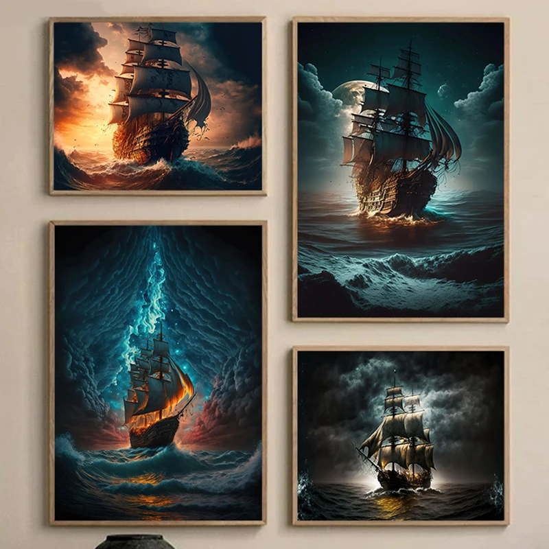 Плакат с Пиратским кораблем Парусная Волна Приключения Океан Ретро картина Печать на холсте Плакат Настенное Художественное оформление живопись Декор домашней комнаты