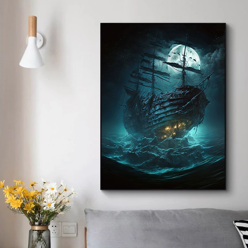 Плакат с Пиратским кораблем Парусная Волна Приключения Океан Ретро картина Печать на холсте Плакат Настенное Художественное оформление живопись Декор домашней комнаты