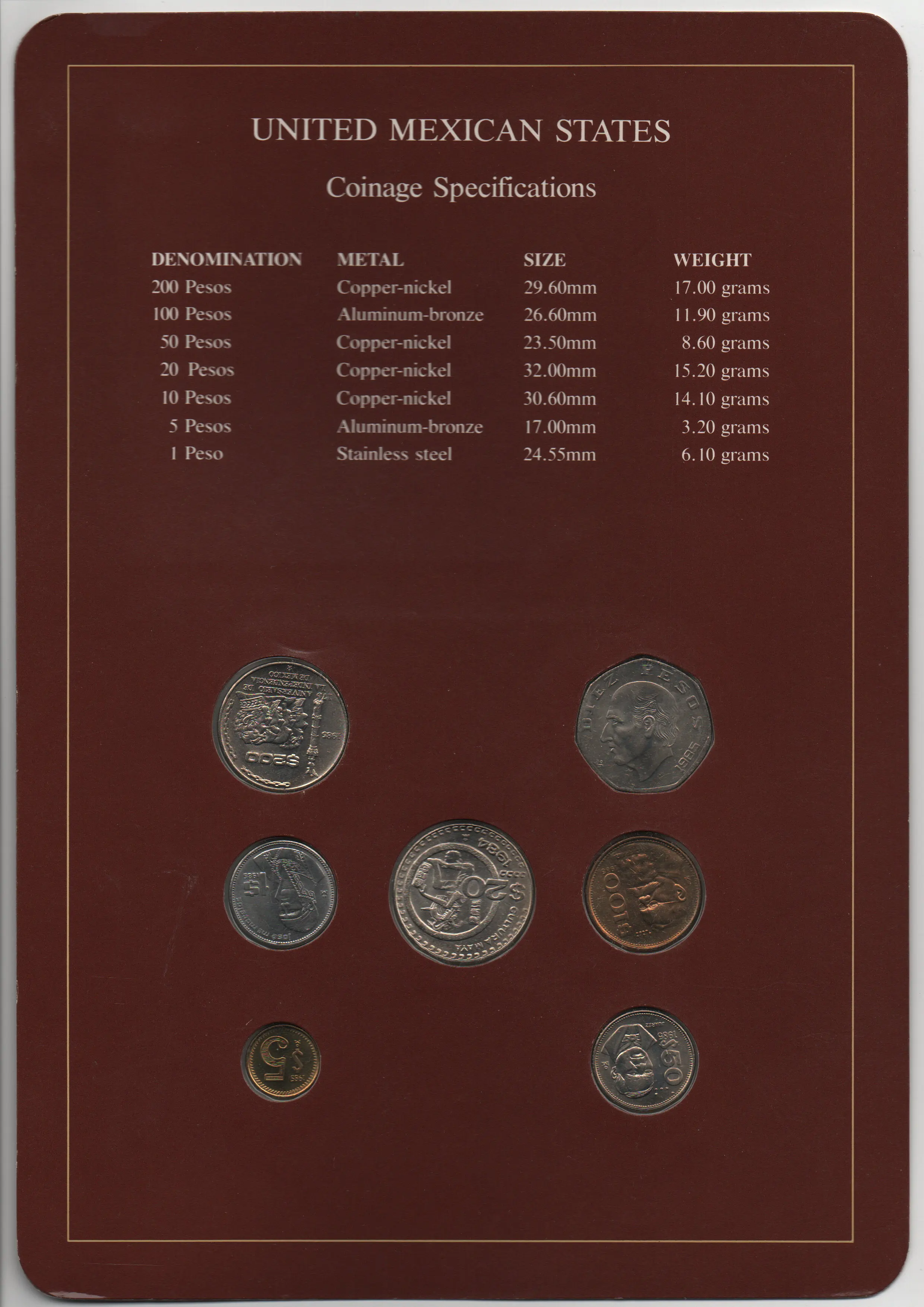Франклин Почтовая печать Мексика 1984-1985 Монеты 7 штук набор монет по 1-200 песо 100% Оригинал