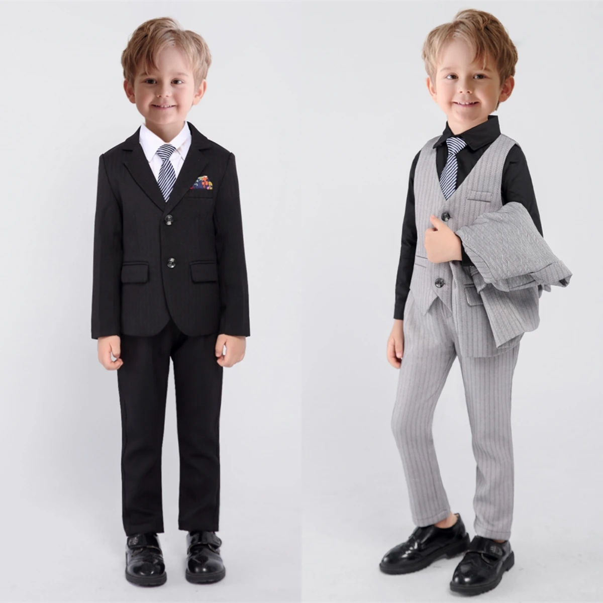Новое поступление, комплект официальных костюмов в полоску для мальчиков, смокинг для свадебной вечеринки, кольцо на предъявителя, 4 предмета, Блейзер, брюки, жилет, включая галстук